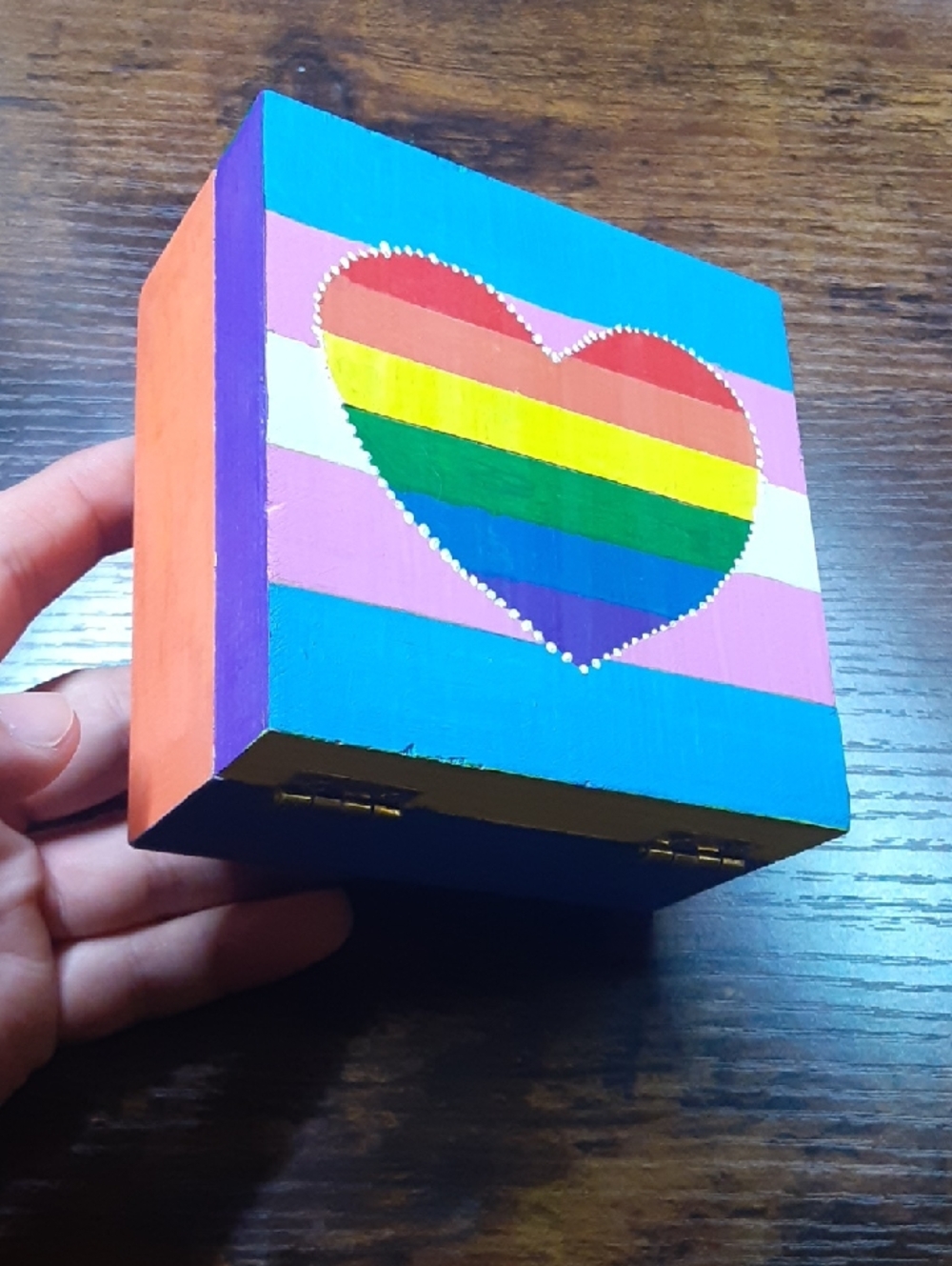 Wooden Trinket Box with Hand-Painted Rainbow Heart & Trans Pride Stripes